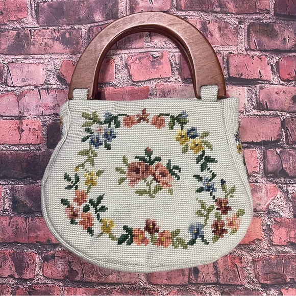 Handbags - Vintage Handcrafted Floral Tapestry Handbag Needlepoint Cutch Bag Wooden Handle